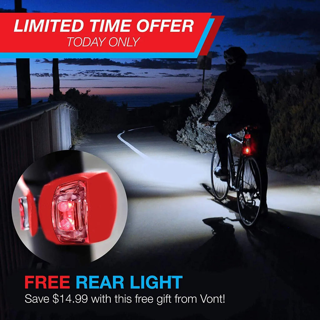 Bicycle headlight and taillight set including LED flashlight, mounting bracket, and rear light.
