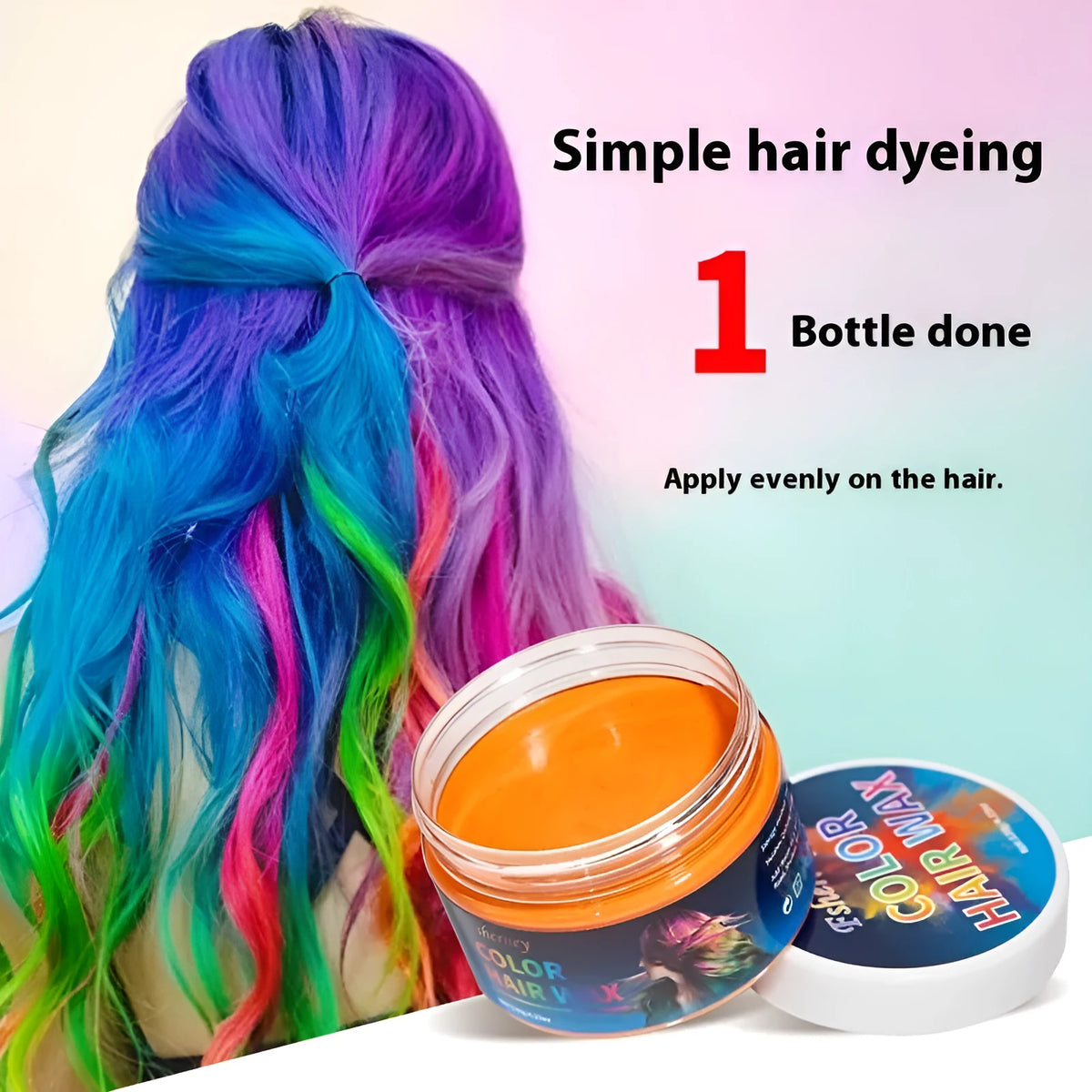 120g hair styling clay container showing nine colour options including blue, green, orange, purple, red, white, yellow, rose, and granny grey