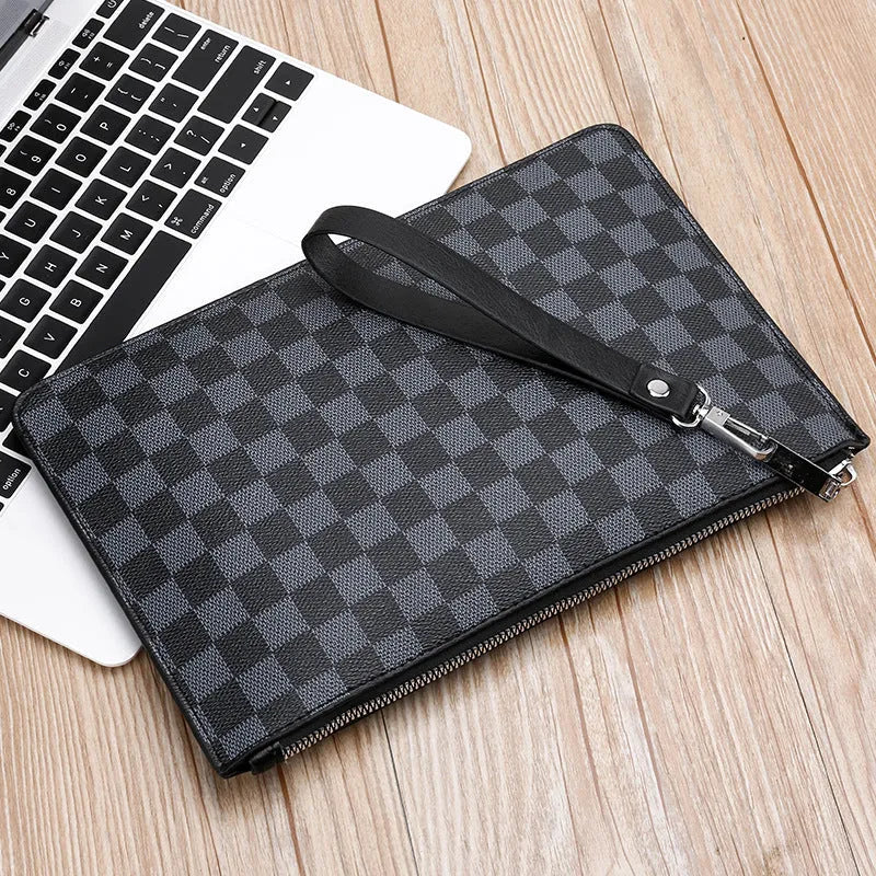 Men's soft PU leather plaid clutch wallet showing card slots and zipper pocket