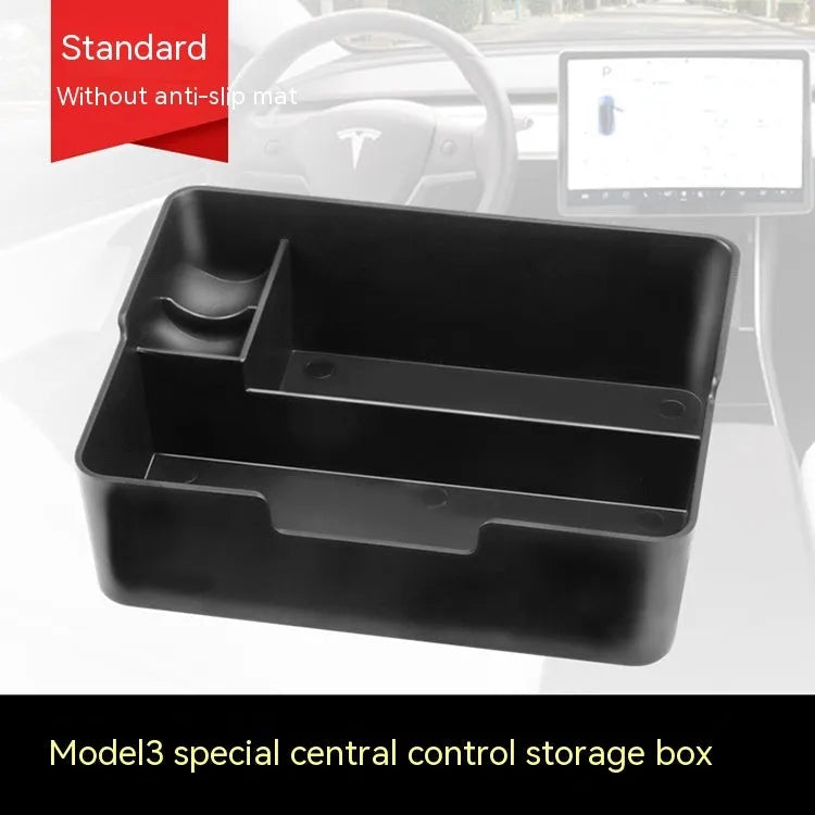 Tesla central armrest storage box retrofit accessory shown in vehicle console