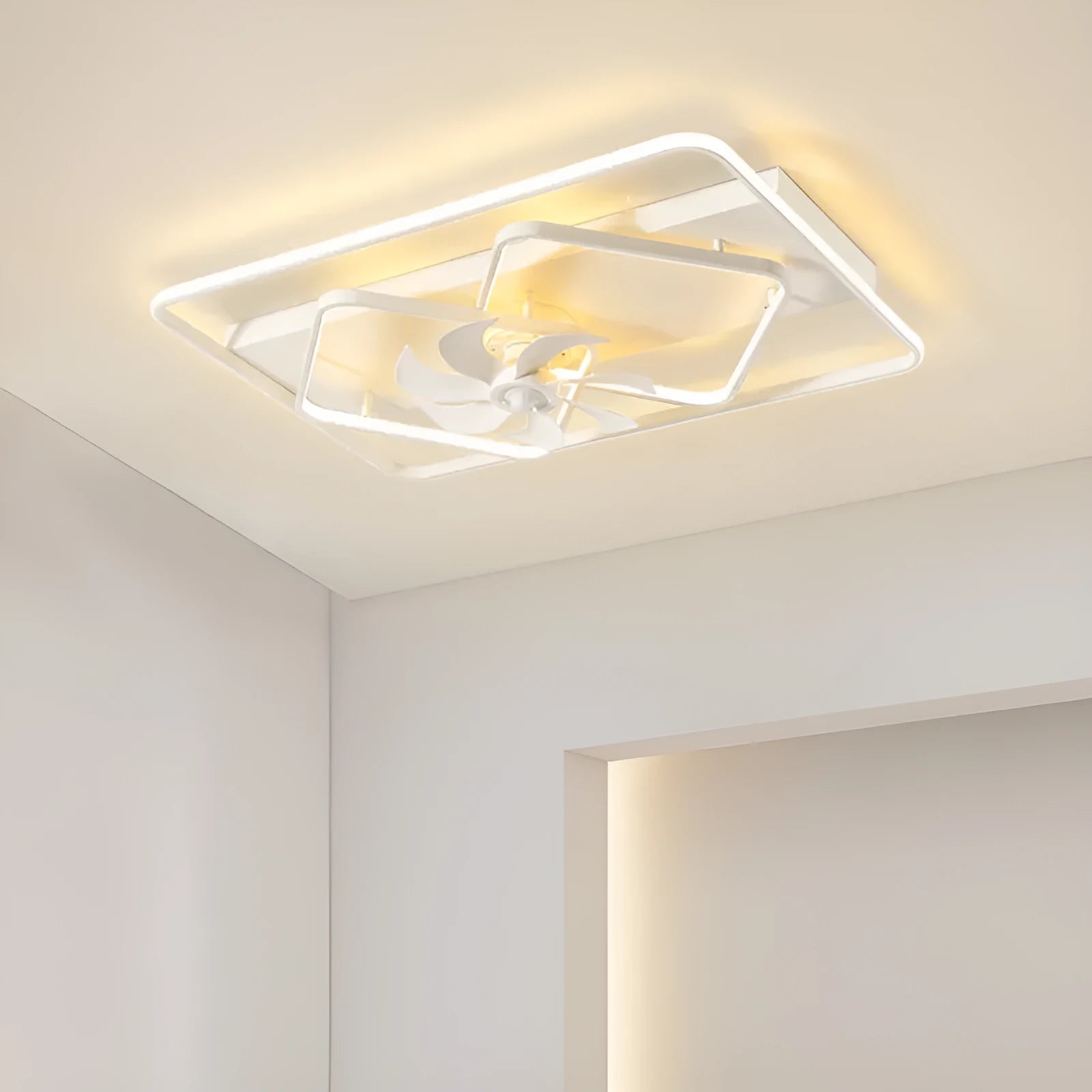 Modern ceiling fan with light featuring thin suction cup design and plastic leaves, 110cm diameter