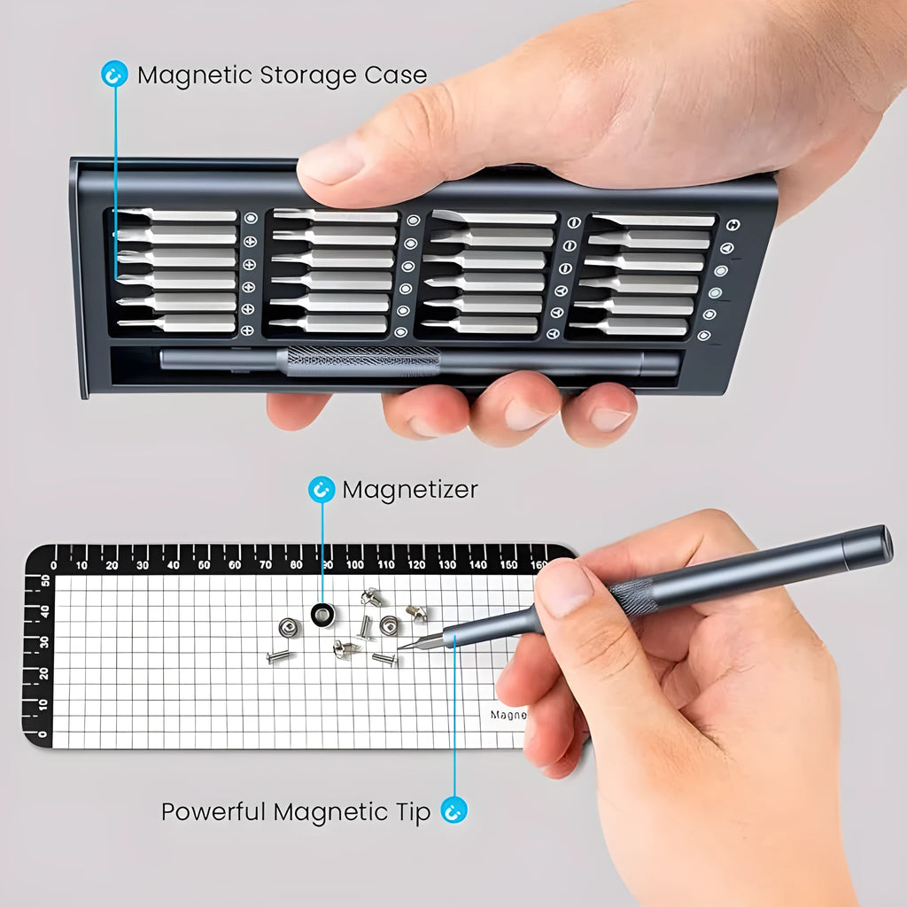 25-in-one magnetic precision screwdriver set with chrome vanadium steel shaft and black ABS handle.