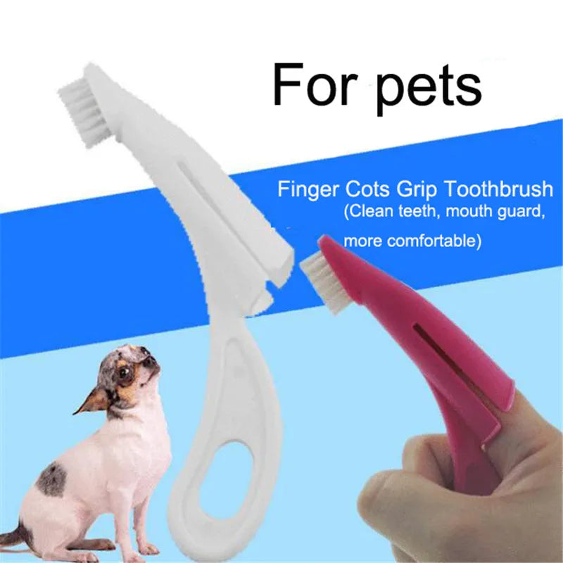 Red and white pet finger toothbrush with silicone bristles for dog and cat dental cleaning