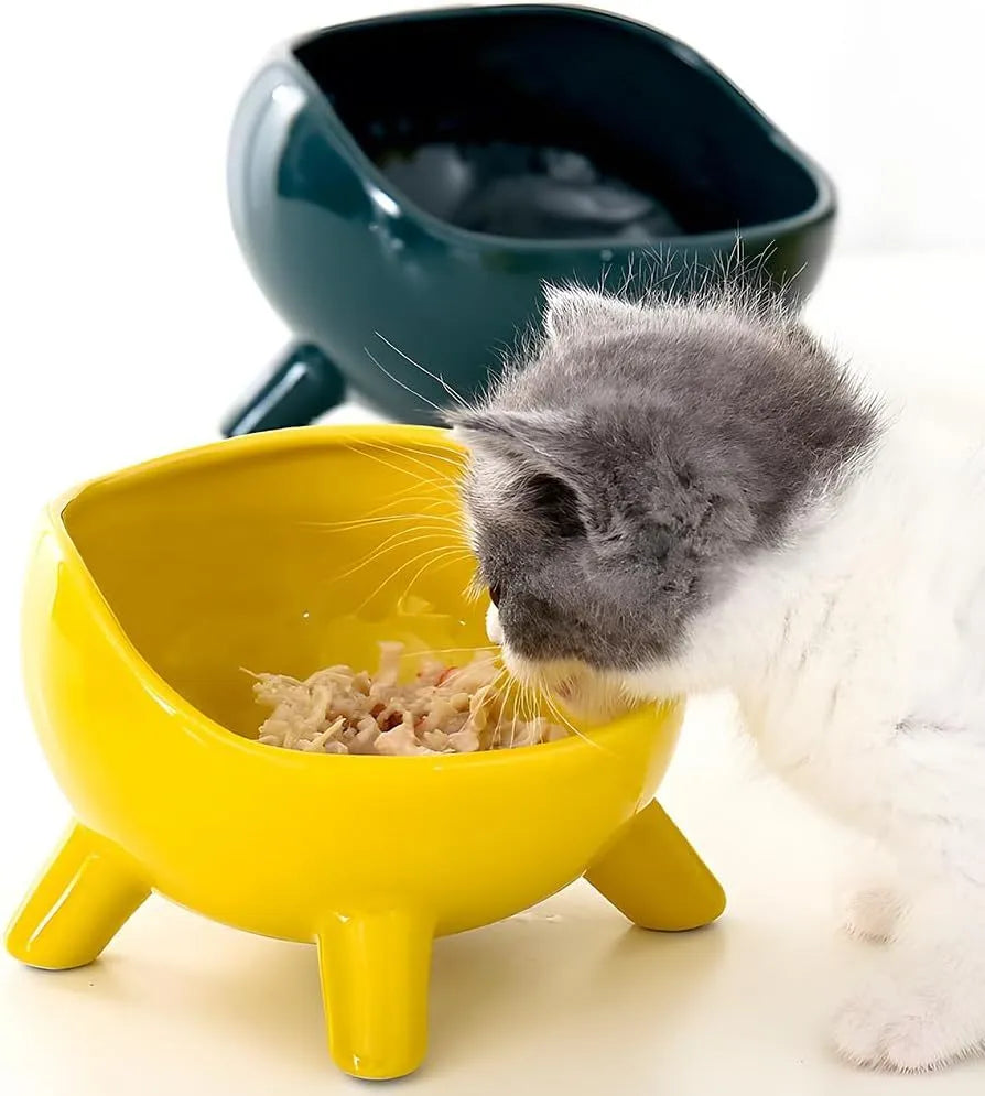 Green ceramic pet bowl with four legs and wide opening for cat or small dog feeding