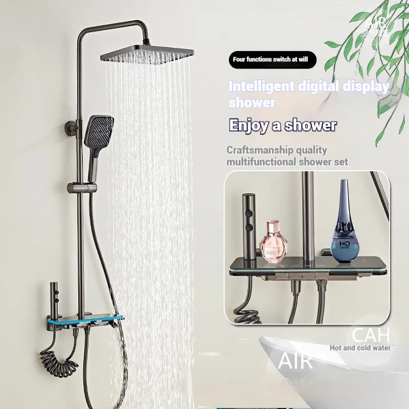 Aluminium digital display shower head set with concealed mount and temperature control in white or grey finish