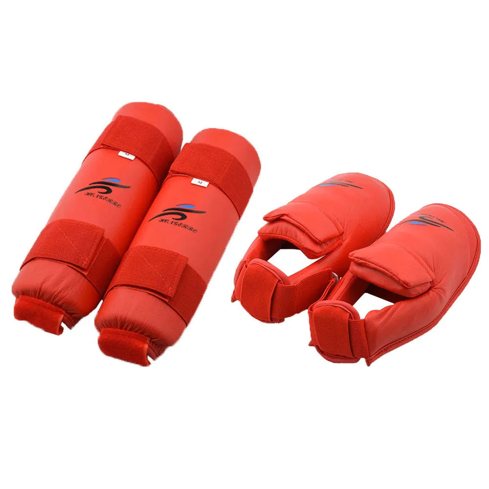 Red and blue karate protective gear set showing leg guards, helmet, and boxing gloves on a white background.