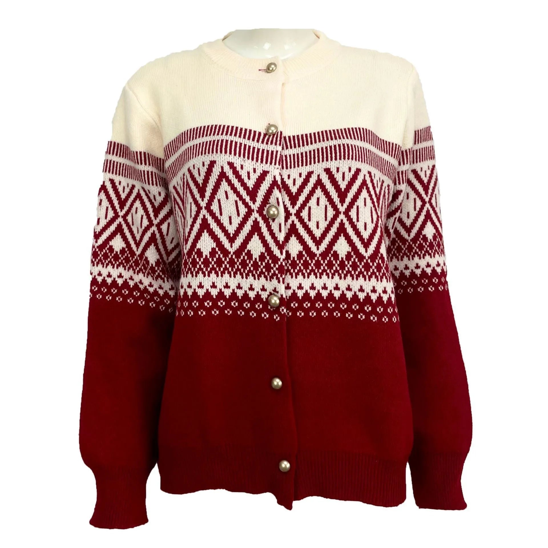 Women's red alpaca wool cardigan with grey contrast sleeves and diamond knit pattern