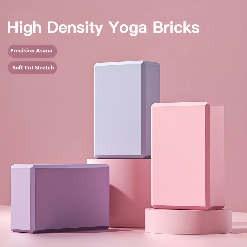 EVA foam yoga blocks in four colours showing hexagonal facets and ridge grip details