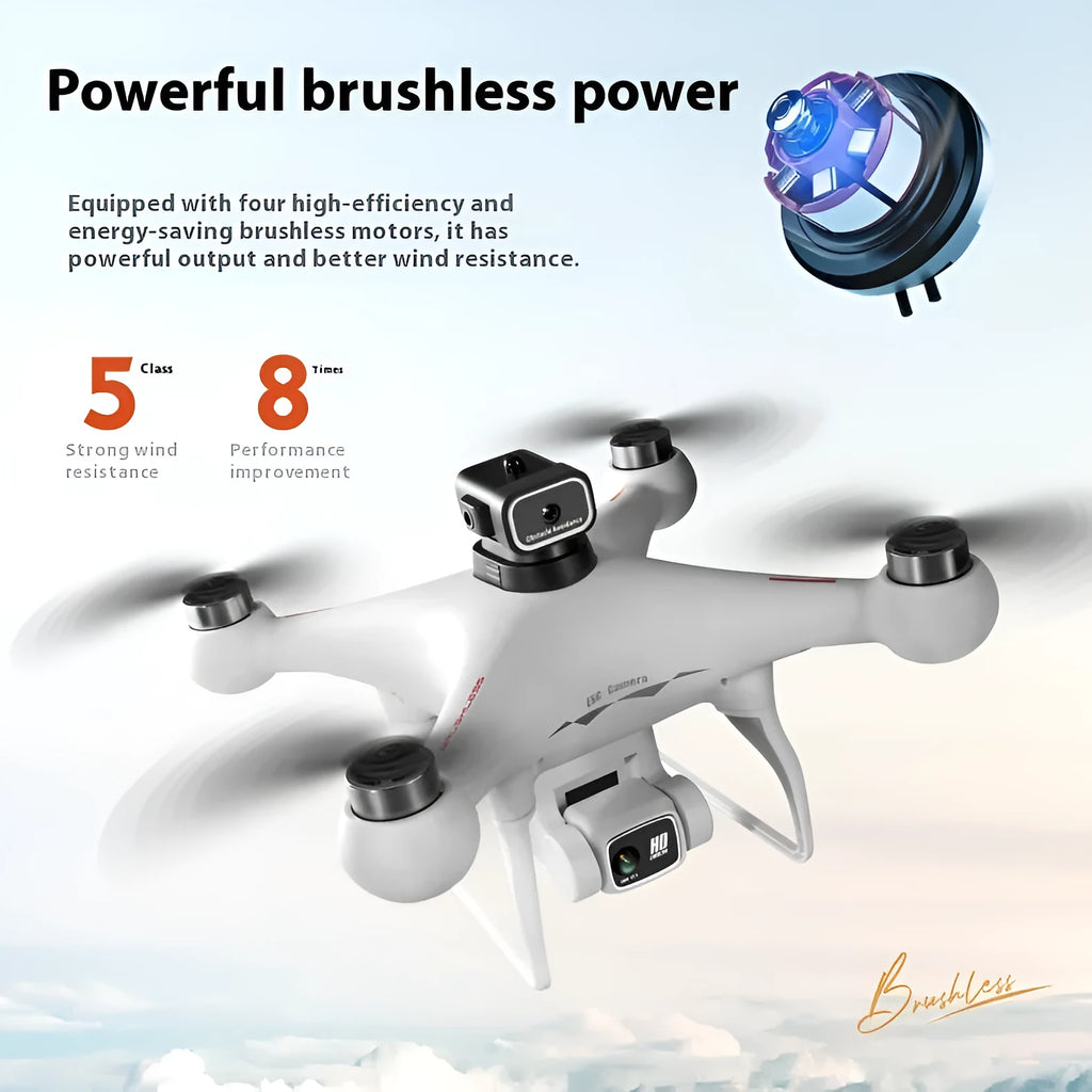 Black HD brushless UAV drone with four propellers, remote control, battery, and camera shown on a white background.