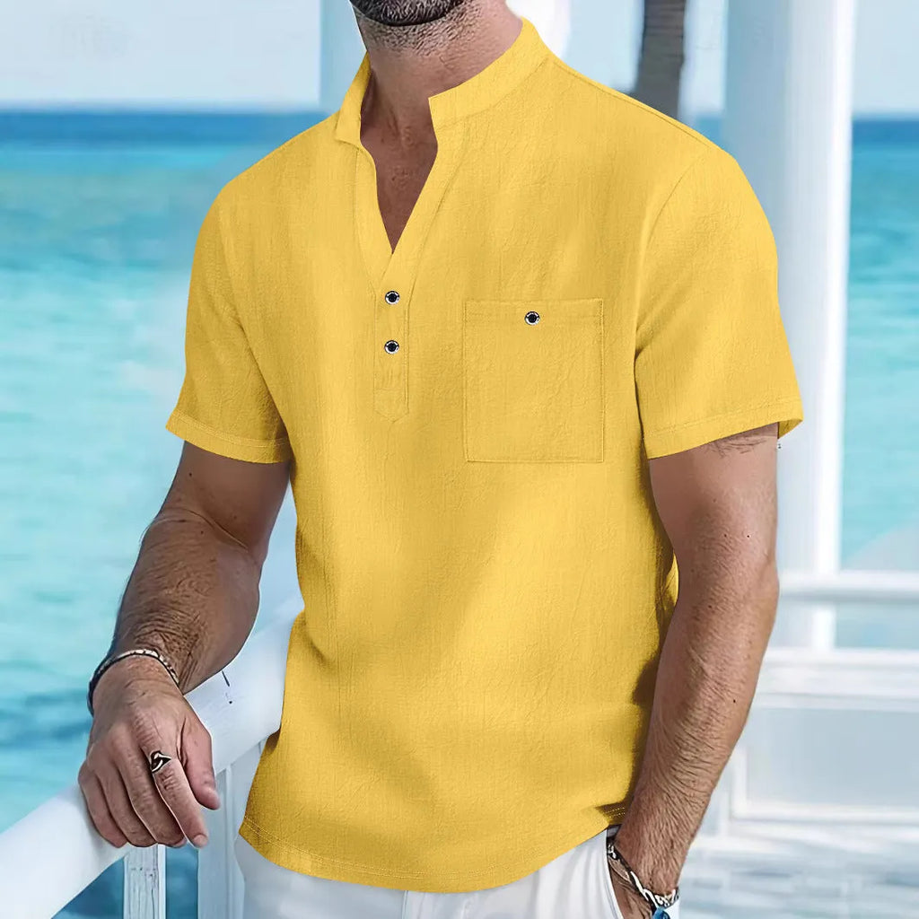 Men's loose fit linen blend stand collar t-shirt in light blue on a hanger.
