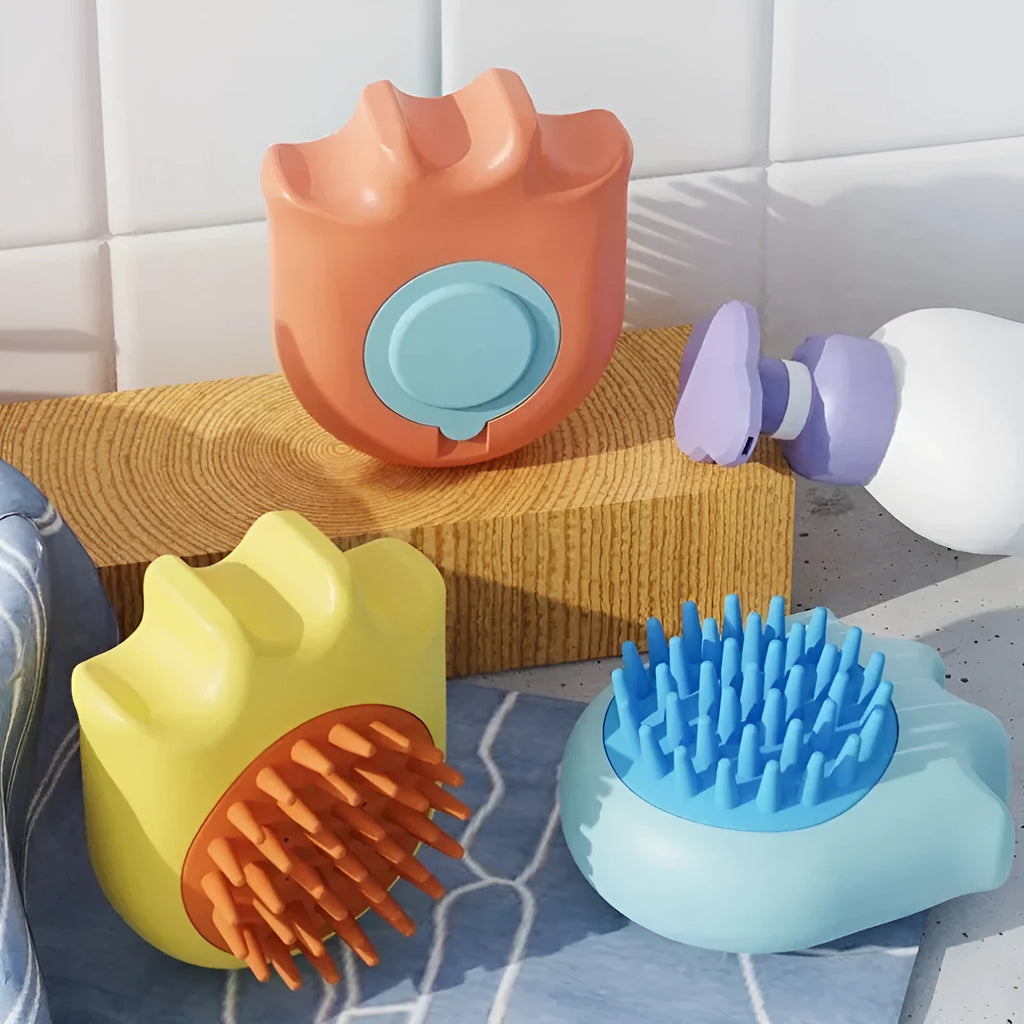 Blue pet bath brush with integrated shampoo box and massage comb for cat and dog cleaning