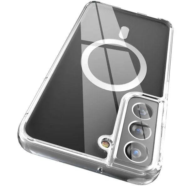Transparent MagSafe magnetic phone case for Samsung smartphones showing magnetic ring and clear TPU material