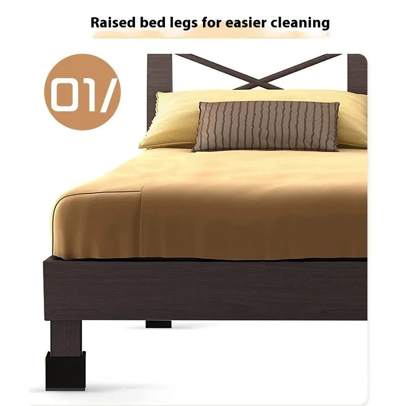 Four black plastic bed riser feet for increasing furniture height and creating storage space
