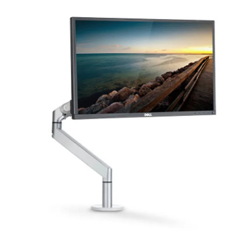 Silver aluminium laptop stand with adjustable air pressure arm bracket elevating a laptop