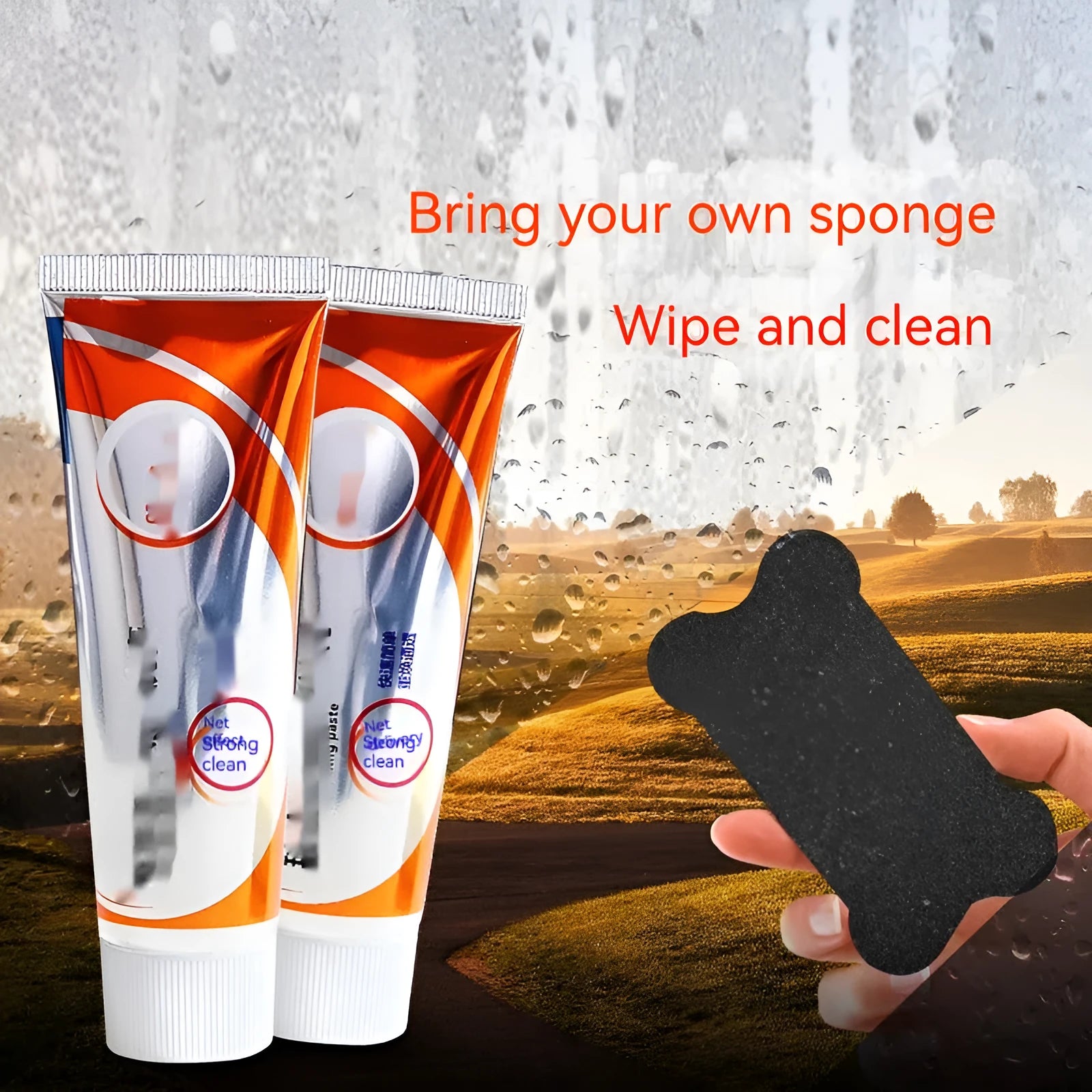 65ml bottle of white car windscreen cleaning paste and sponge mop for glass oil stain removal