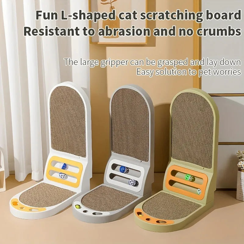 Grey L-shaped vertical cat scratching board with sisal surface mounted on a wall