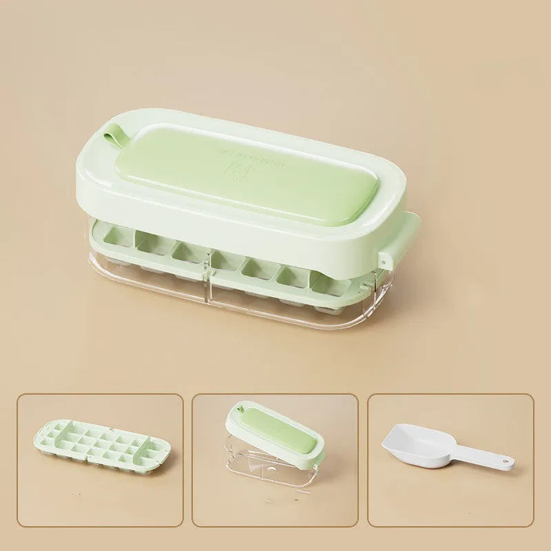 Food-grade plastic high capacity ice cube tray with grid and stored ice shovel in blue colour.