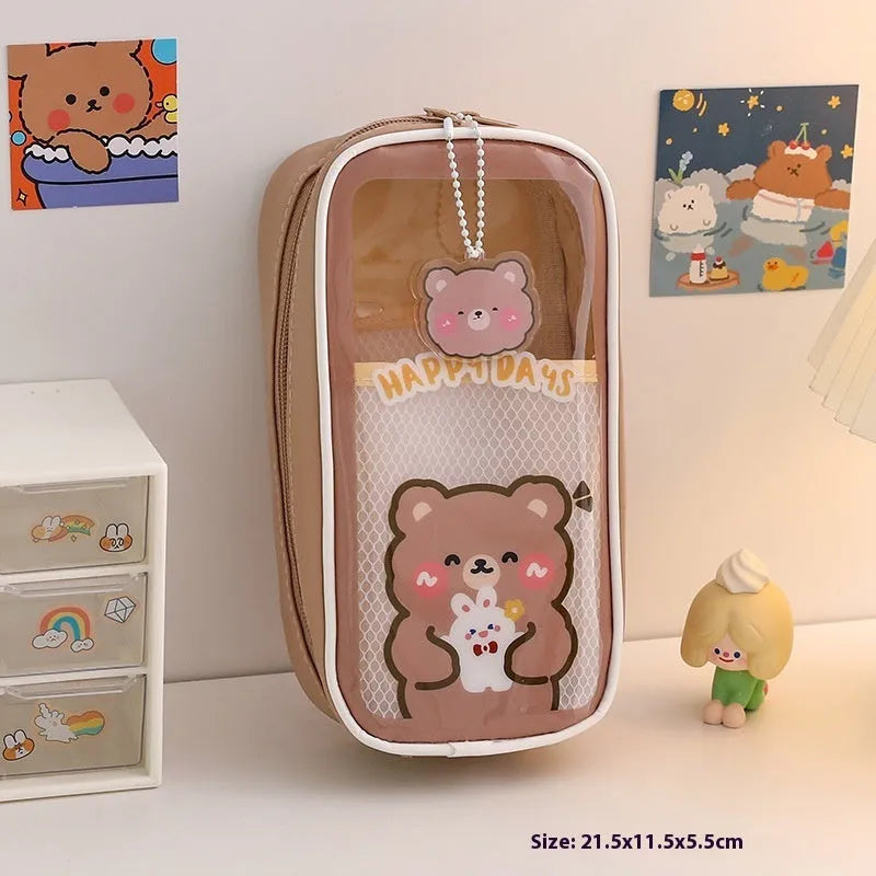 Transparent cartoon student pencil case with large capacity for stationery organisation