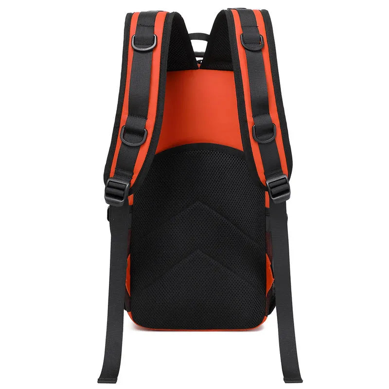 Derm fabric outdoor backpack in orange colour showing 20-35L capacity for hiking and camping