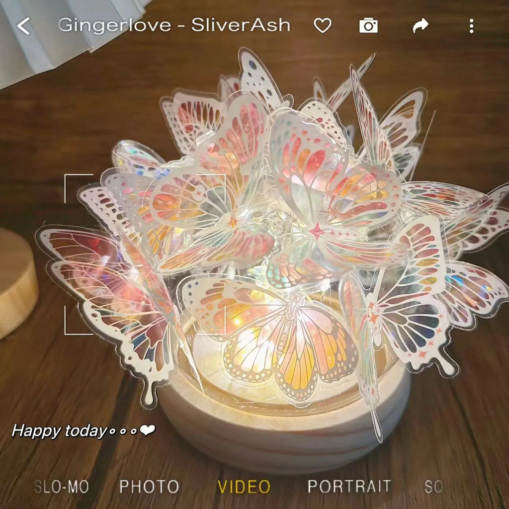 Butterfly night lamp with glass shade and raw wood base measuring 12x15cm for bedside ambience lighting