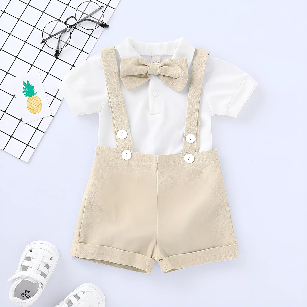 Baby romper bow tie overall dress set in cotton with shirt and shorts overalls, three-piece neutral outfit