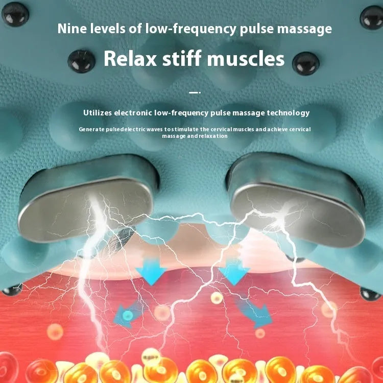 Blue-green portable massage pillow for neck and shoulders with EMS and heat functions