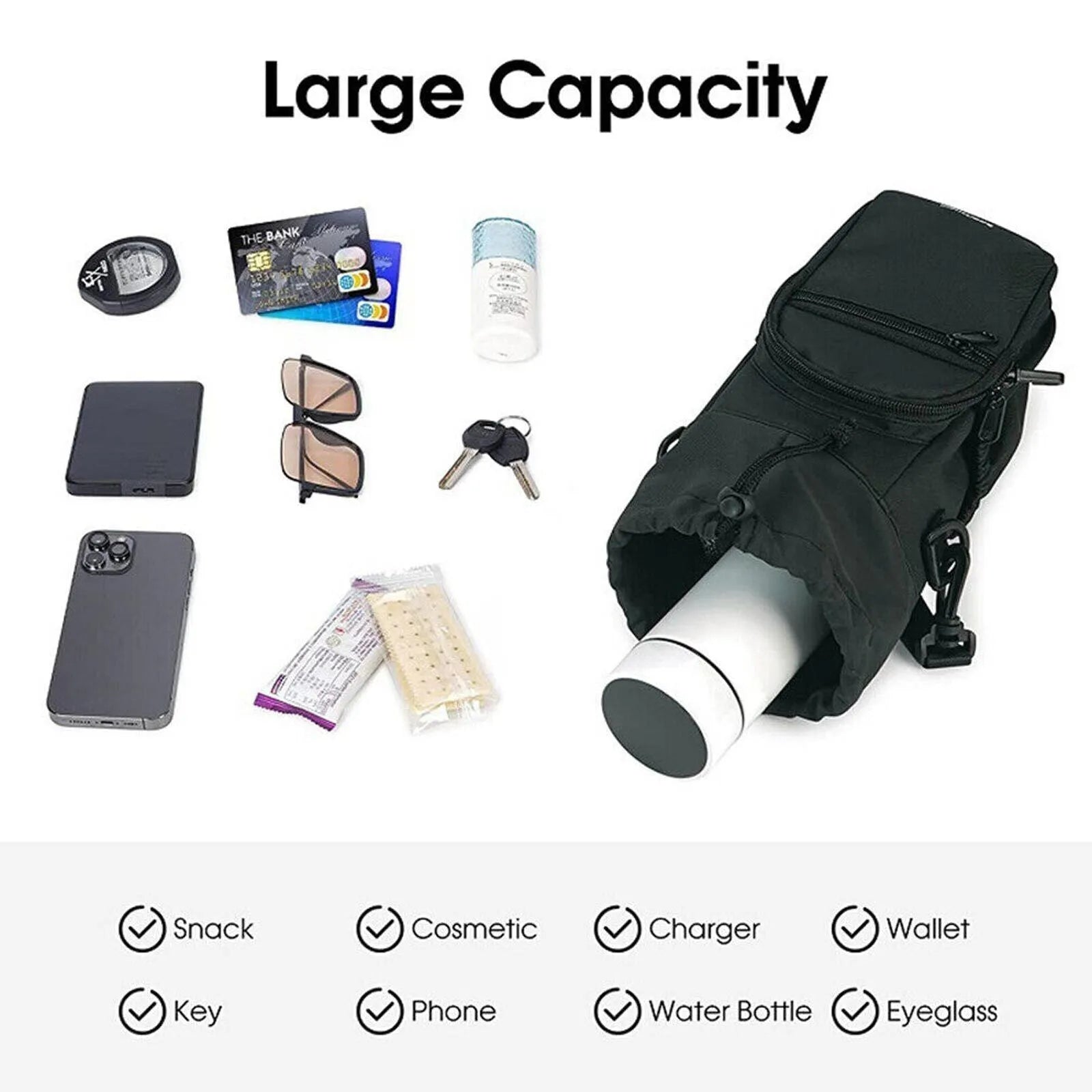 Cloth water bottle shoulder bag in black, green, or pink colours with a drawstring closure.