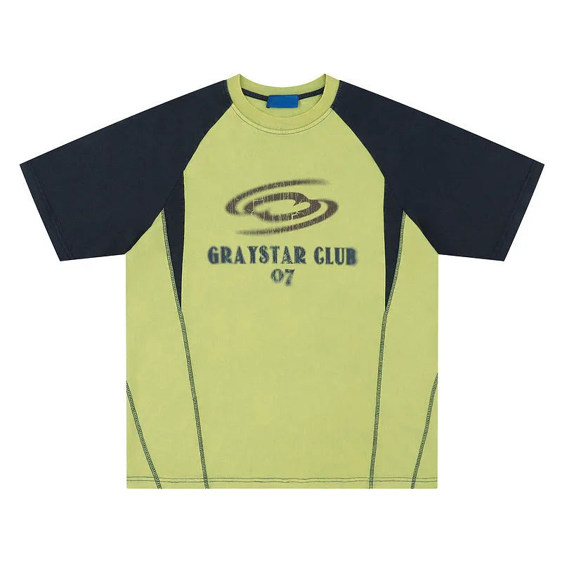 Blue men's t-shirt with printed letters and raglan sleeves on hanger