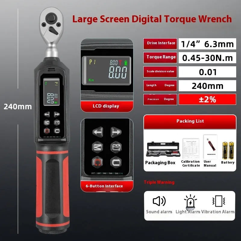 Electronic digital torque wrench body made of chrome-vanadium steel with display screen and 0.15-340N range capability