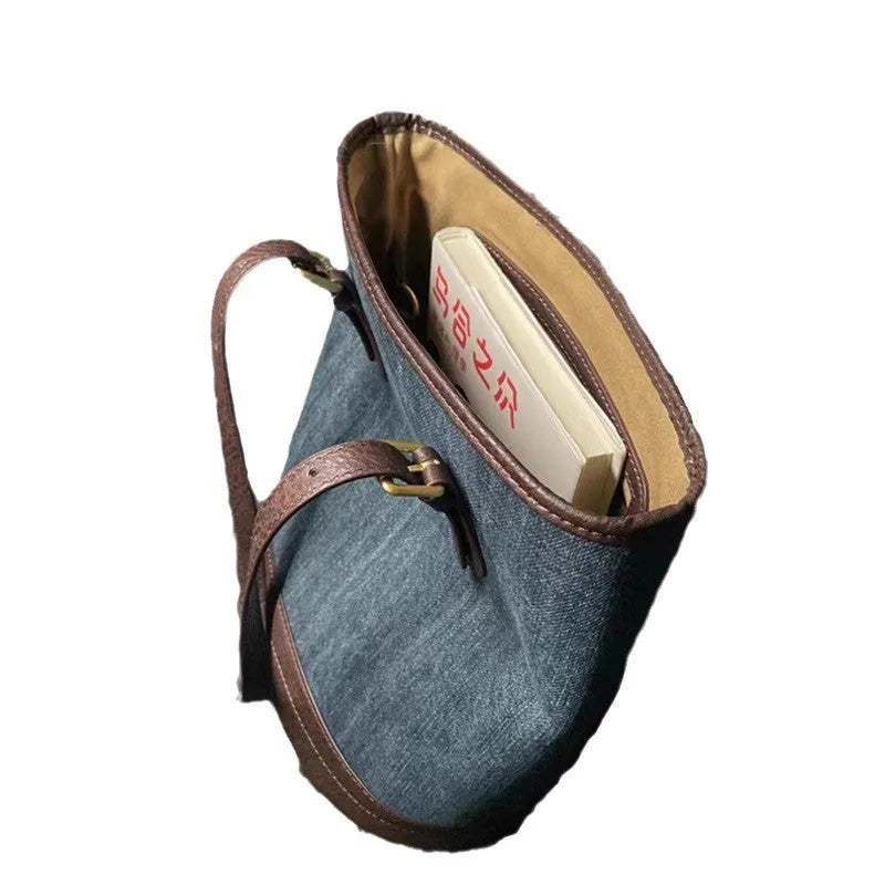 Denim patchwork retro bucket handbag with one shoulder strap