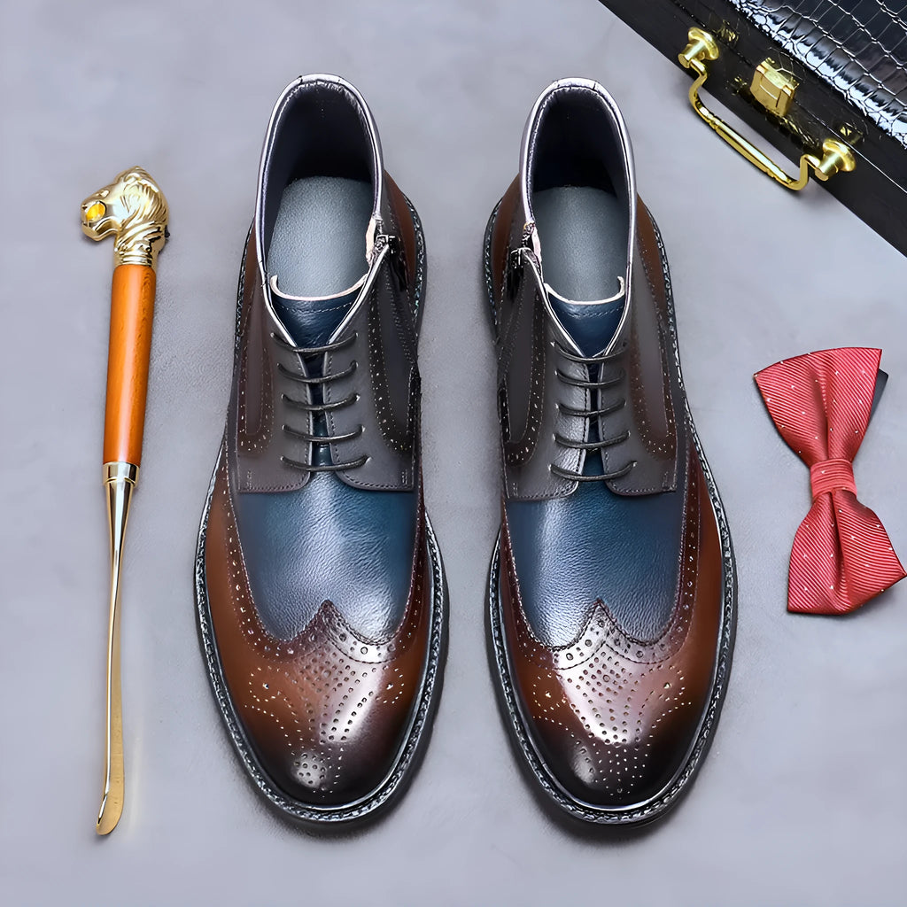 Men's coffee blue leather brogue boots with colour blocking, carved detail, and a low square heel.