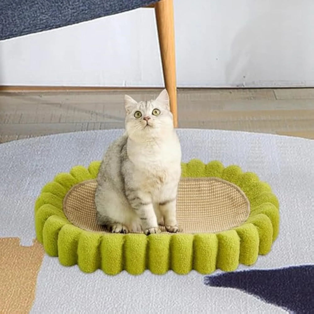 Green oval-shaped cat scratcher pad with sisal surface serving as a scratching area and cat bed.