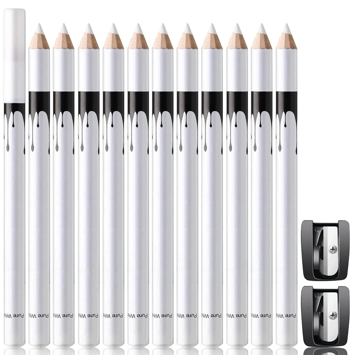 12-piece white and black waterproof eyeliner pencil set for eyebrows, eyeshadow and lips with sharpener