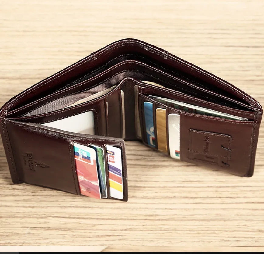 Men's leather wallet in black or brown showing internal compartments for cards, photos, banknotes, coins and documents