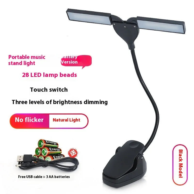 Black rechargeable music stand lamp with 28 LED lights for sheet music illumination
