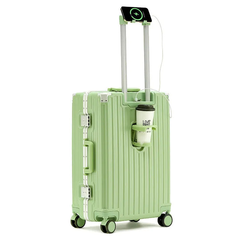 Hard shell aluminium frame luggage in avocado green colour with wheels and retractable handle