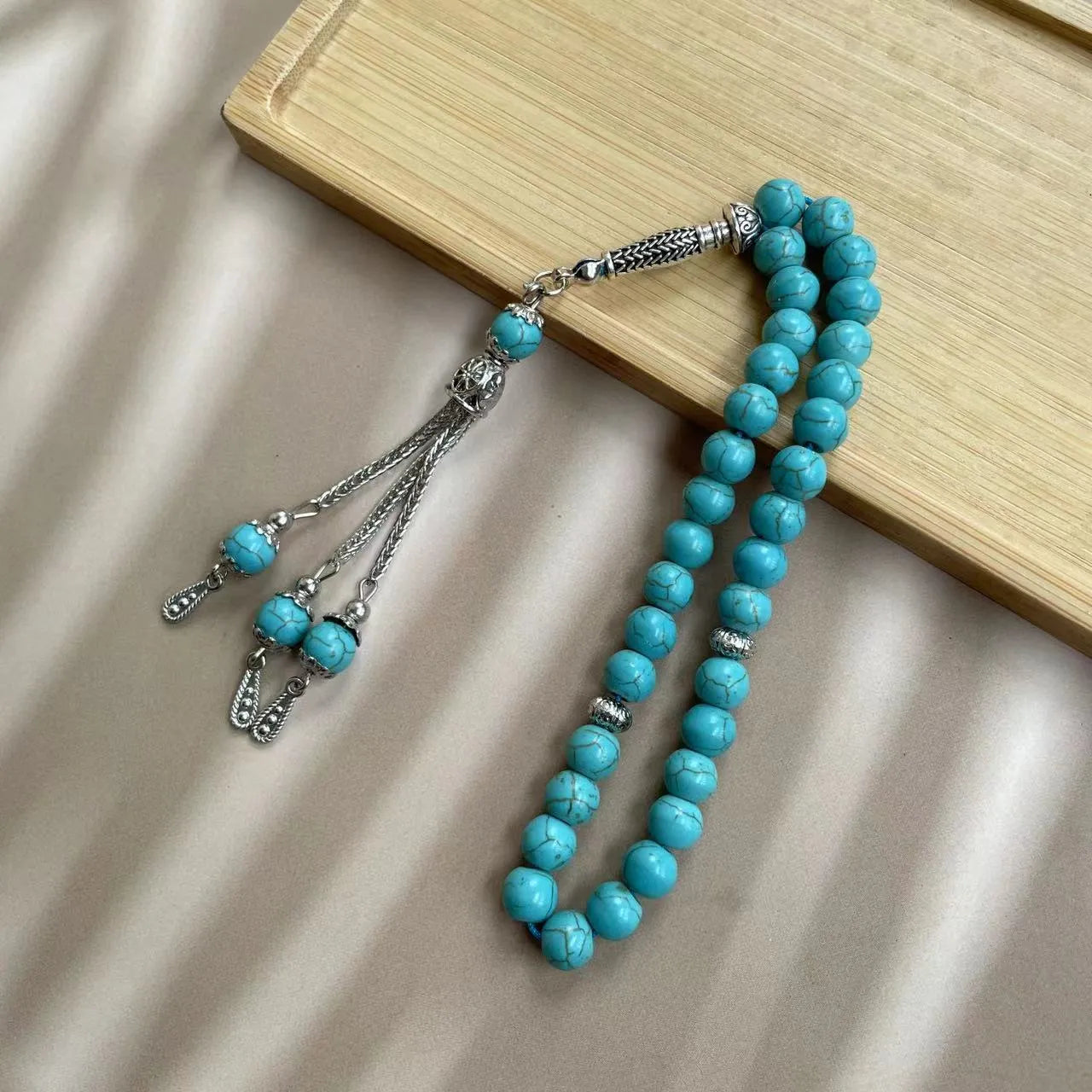 Handmade sky blue Muslim prayer bracelet with 8mm natural stone beads for daily worship