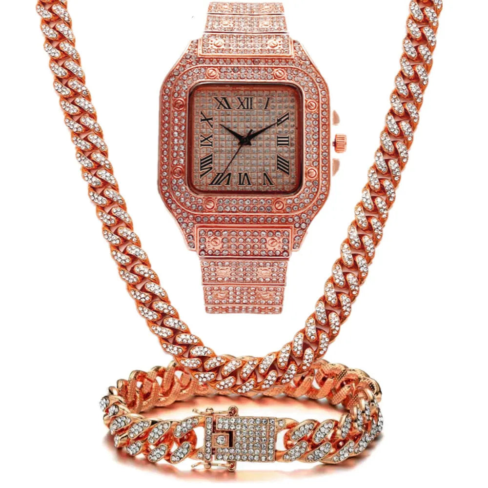 Roman grain graduation quartz watch set with square diamond-studded dial and black mesh band, plus matching bracelet and necklace