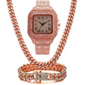 Roman grain graduation quartz watch set with square diamond-studded dial and black mesh band, plus matching bracelet and necklace