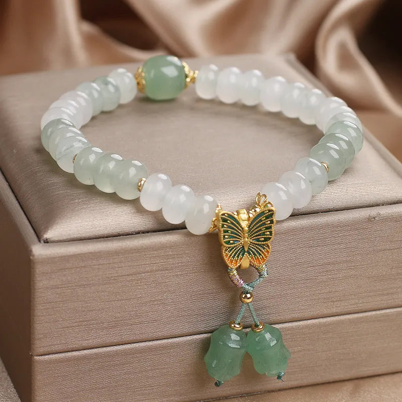 Green Tian Shan Cui abacus bead bracelet with crystal stones and retro butterfly charm tassel