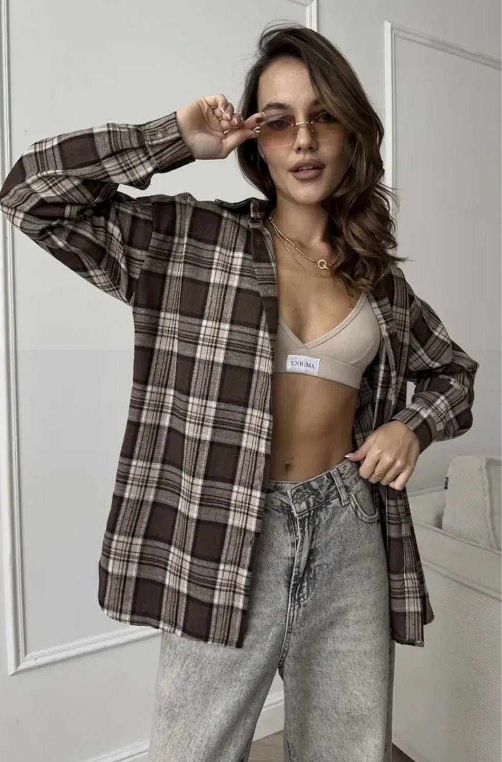 Women's dark brown retro stripe shirt with collaged stitching and long sleeves