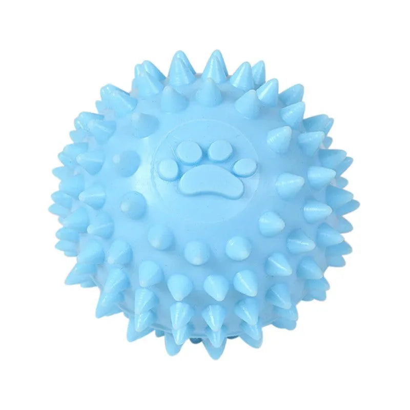 Blue TPR rubber dog chewing ball with footprint texture for tooth cleaning, 6cm diameter