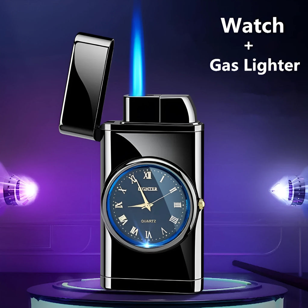 Personalized electronic watch lighter with LED lamp in metal body showing multiple functions