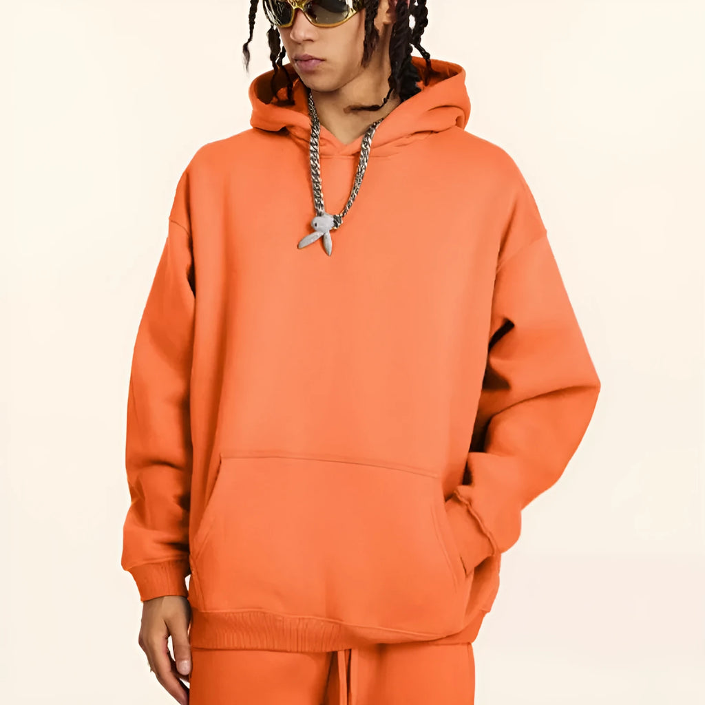 Men's terry cotton hooded sweater in loose pullover style with drop-shoulder sleeves