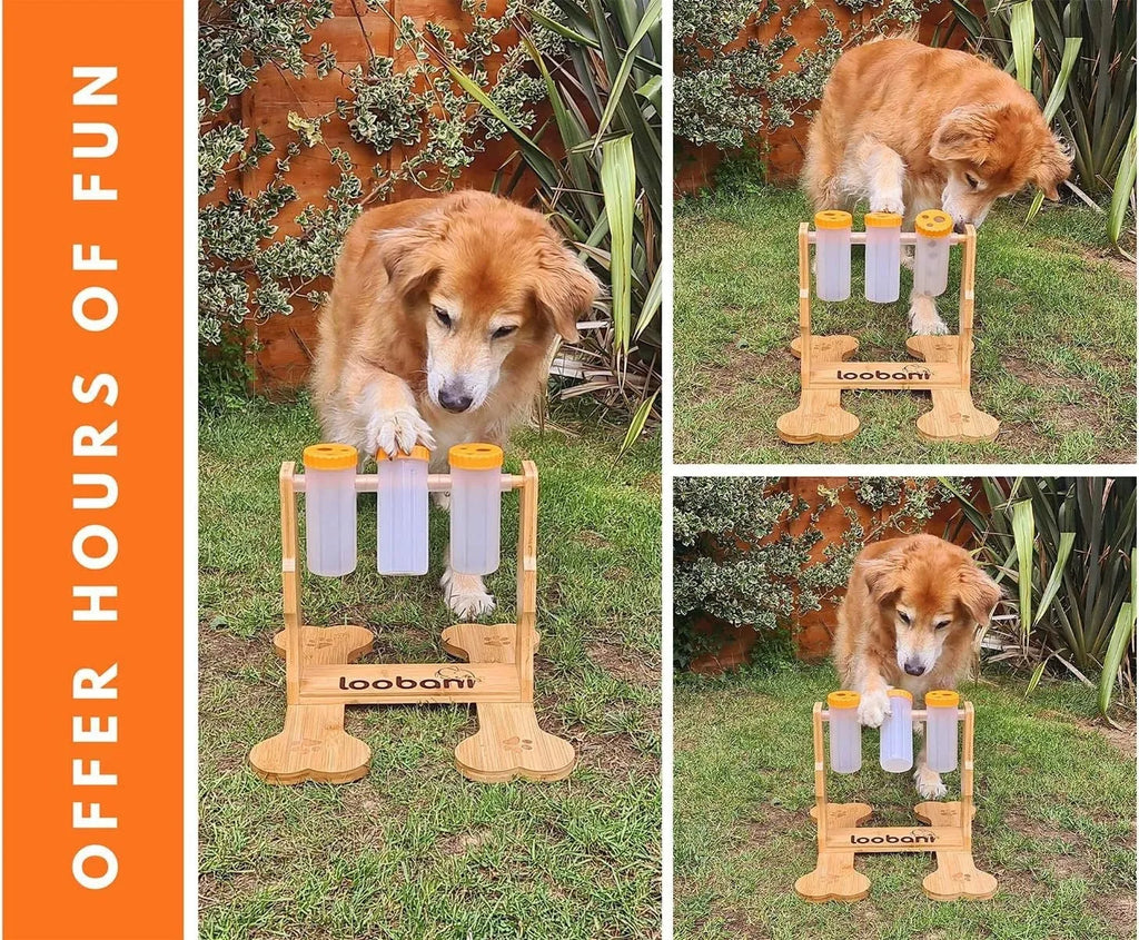 Wooden dog puzzle toy feeder with interactive design for slow feeding and mental stimulation games