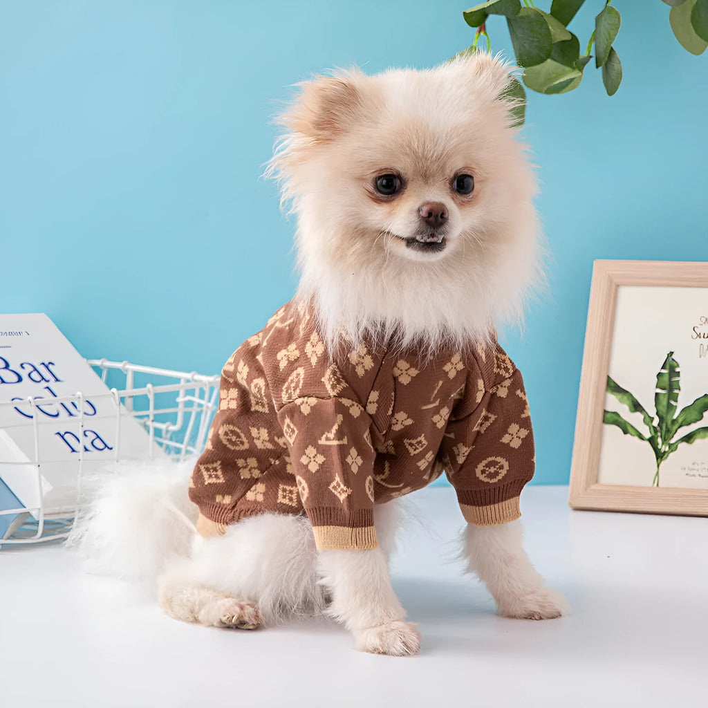 A thick wool dog sweater shown in a monochrome colour, sized for a medium dog.