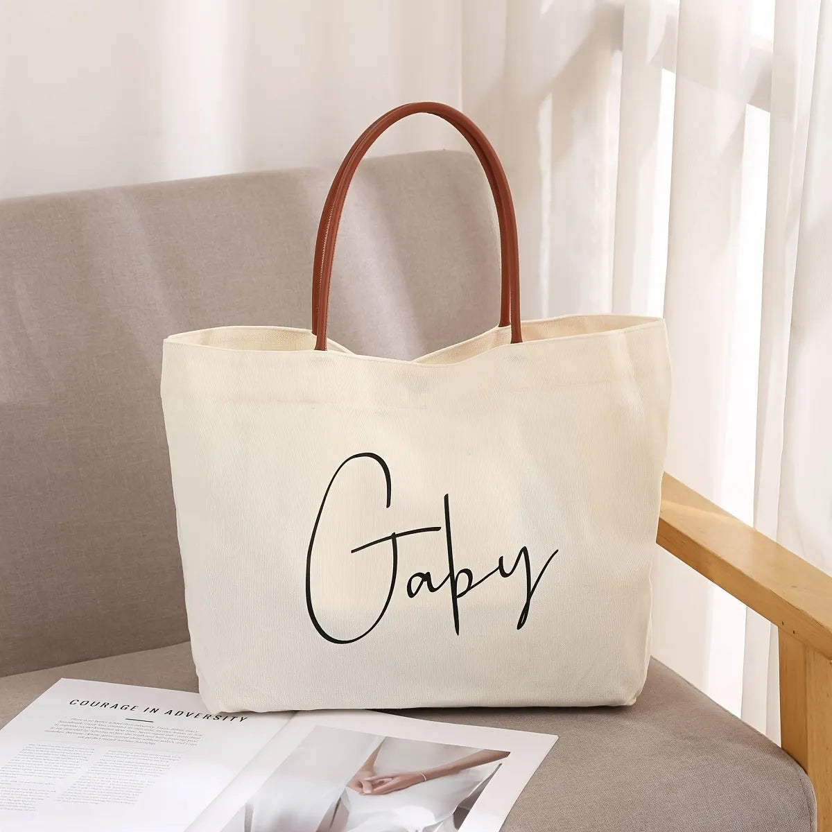 Beige white canvas tote bag with 40 litre capacity and double handles