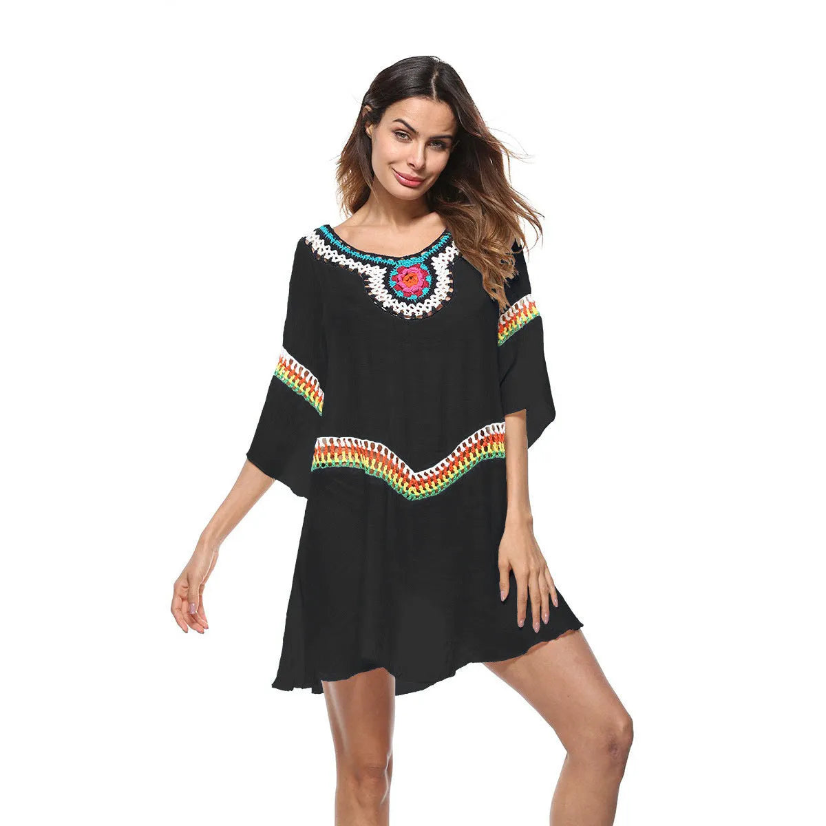 Women's crocheted ethnic style sun protection clothing in apricot, black, sapphire blue, and white for beach swimming