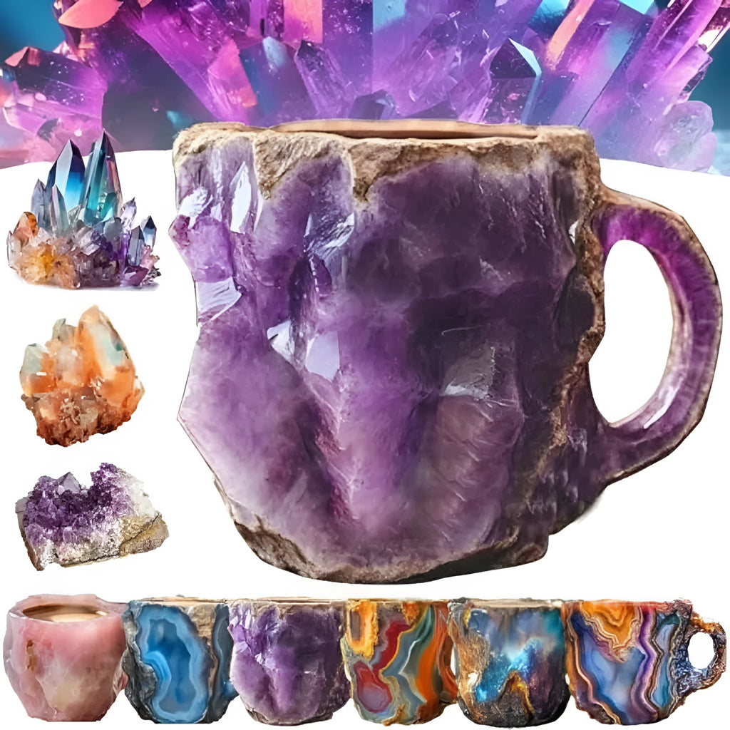 Resin mineral crystal coffee mug with handle in purple colour, showing 3D texture.