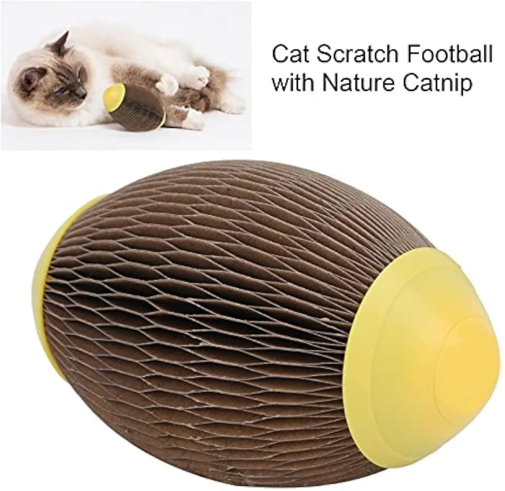 Green corrugated paper catnip football toy with scratching surface and catnip cavity.
